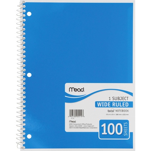 Spiral Notebook,1-Subject,Wide Rule,100 Sht,10-1/2"x8",AST