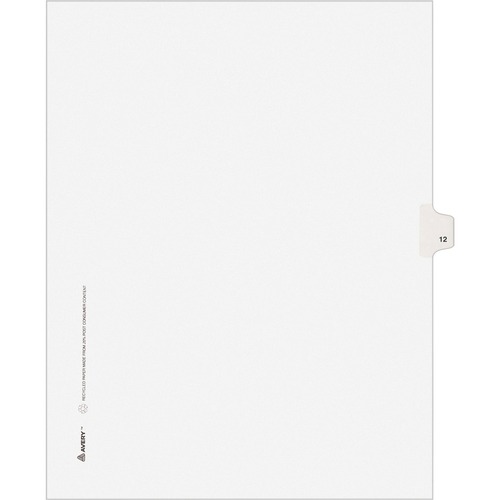 Numeric Divider, "12", Side Tab, 11"x8-1/2", 25/PK, White