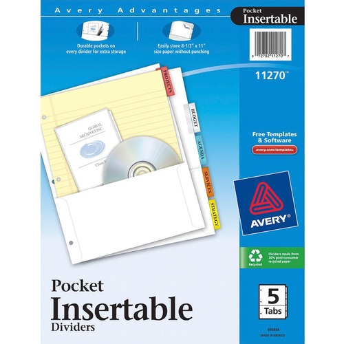 Pocket Divider,w/Insertable Tabs,5-Tab,11"x8-1/2",Assorted