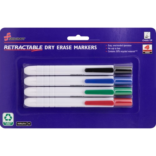 Dry-erase Markers,Retractable,Chisel Tip,4/ST,BK/BE/RD/GN