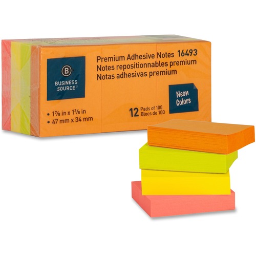 Adhesive Notes,Plain,1-1/2"x2",100 Sh/PD,12PD/PK,Neon