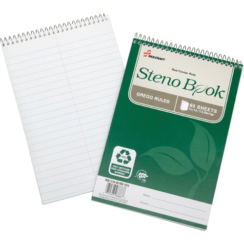 Steno Notebook, Gregg-Ruled, 6"x9", 17lb, 60Shts, White