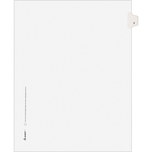 Numeric Divider, "3", Side Tab, 11"x8-1/2", 25/PK, White